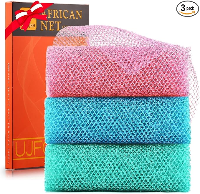 UJFQBH 3 Pieces African exfoliating net African Net Long Net Bath Sponge Exfoliating Shower Body Scrubber Back Scrubber Skin Smoother,Great for Daily Use (Pink, Blue, Green)-VivaGrace Women