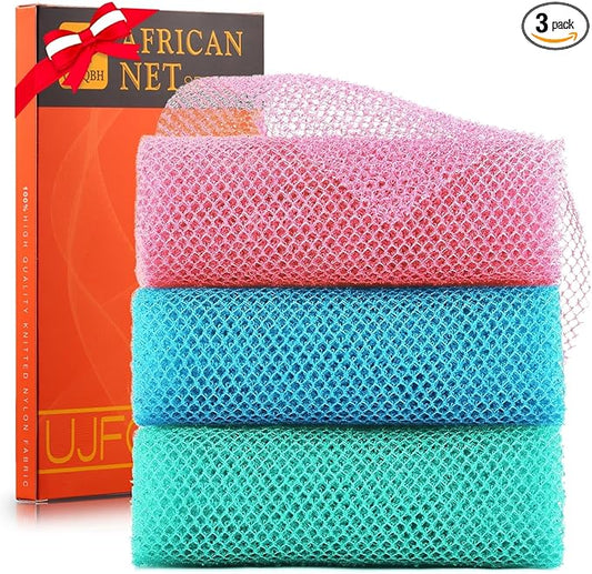UJFQBH 3 Pieces African exfoliating net African Net Long Net Bath Sponge Exfoliating Shower Body Scrubber Back Scrubber Skin Smoother,Great for Daily Use (Pink, Blue, Green)-VivaGrace Women