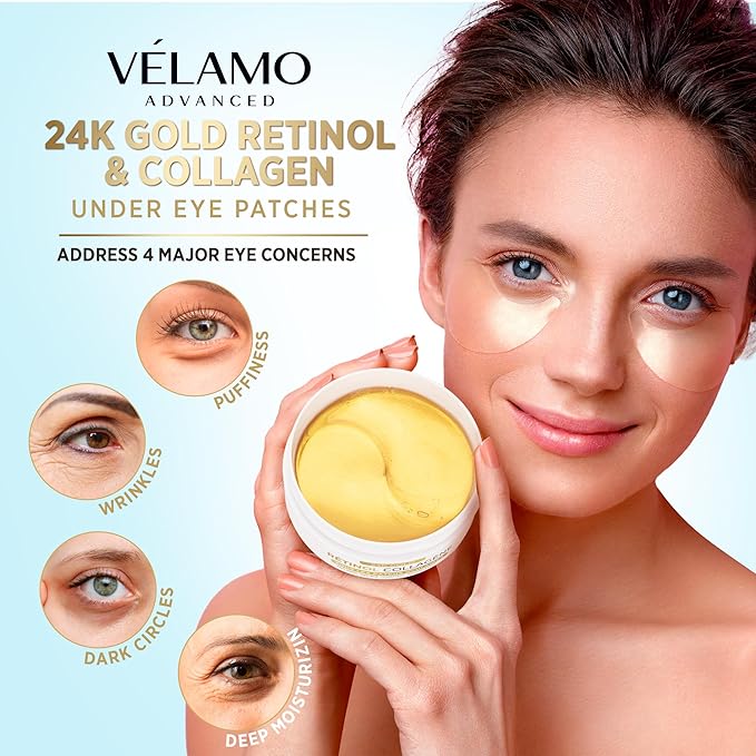 VELAMO ADVANCED Under Eye Patches: 24K Gold Under Eye Mask for Puffy - Retinol Patchology Eye Patches for Wrinkles and Dark Circles Puffiness- Collagen Under Eye Bags Treatment for Women Men 60 Pcs-VivaGrace Women