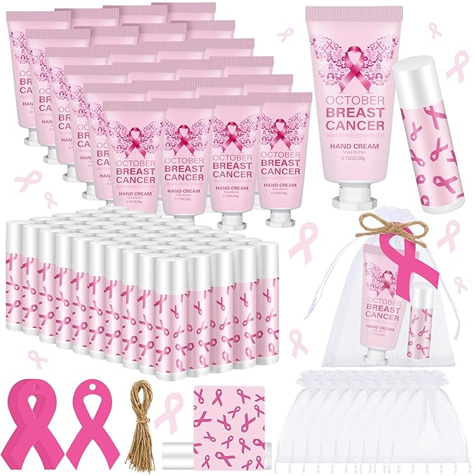 50 Set Breast Cancer Awareness Gifts Bulk Woman Pink Ribbon Lip Balm Hand Cream Include 50 Lip Balm 50 Hand Cream 50 Bag 50 Tag Breast Cancer Awareness Month Items Survivors Offices-VivaGrace Women