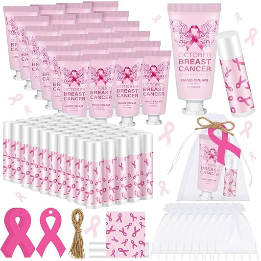 50 Set Breast Cancer Awareness Gifts Bulk Woman Pink Ribbon Lip Balm Hand Cream Include 50 Lip Balm 50 Hand Cream 50 Bag 50 Tag Breast Cancer Awareness Month Items Survivors Offices-VivaGrace Women