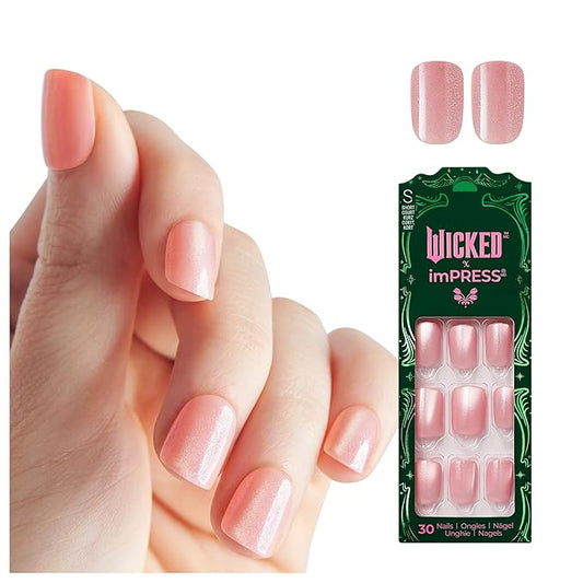 WICKED X imPRESS Design Press On Nails , The EASIEST NO GLUE Mani, Super Hold Adhesive, ‘Glinda-fied’, Pink, Short Squoval, Includes 30 Fake Nails, 1 Prep Pad, 1 Manicure Stick, 1 Mini File