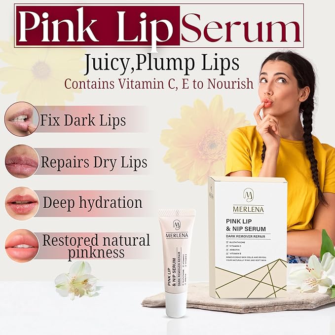 Merlena Pink Lip & Nip Serum - Hydrates and Repairs Dry, Peeling Lips and Nipples, Adds Collagen for Plumpness, Soothes Flaky Skin, Organic Vitamin C & E Formula 8ml-VivaGrace Women