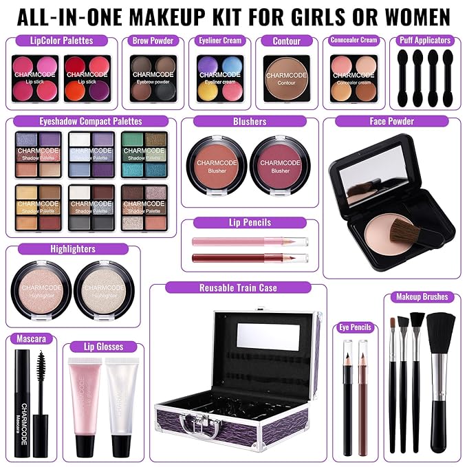 Makeup Kit for Teen Girls & Women Full Kit, Beauty Train Case with Starter Cosmetic Set, Make Up Valentine's Day Gift Box with Eyeshadow,Lipgloss,Highlighter,Blush,Lip&Eye Pencils,Brush & More(Purple)-VivaGrace Women