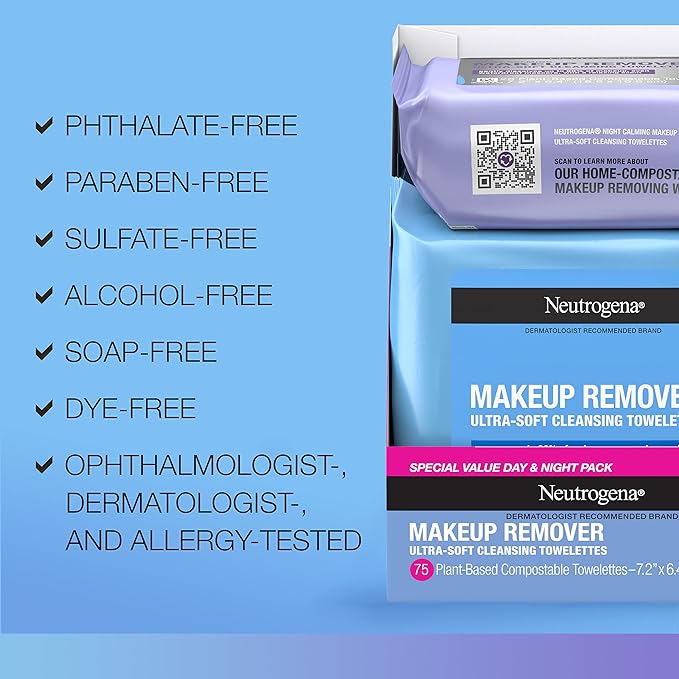 Neutrogena Day & Night Wipes, Makeup Remover Face Cleansing Towelettes & Night Calming Facial Cloths, 100% Plant Based Fibers Wipe Away Dirt, Alcohol-Free, 3 Packs of 25 ct, 75 ct-VivaGrace Women