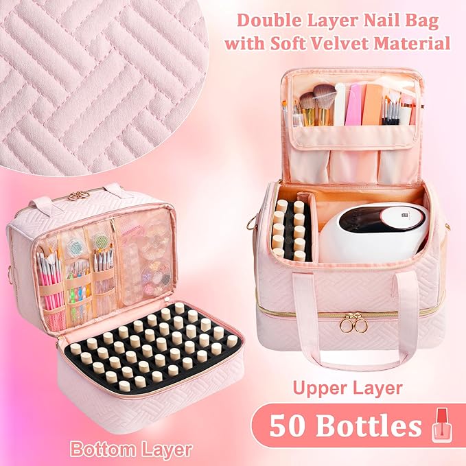 Nail Polish Organizer Bag Holds 50 Bottles (15ml/0.5fl.oz)& Nail Lamp, Soft Velvet Nail Kit Storage Carrying Case with Shoulder Strap, Double Layer Nail Supplies Organizer Handbag Women (Pink)