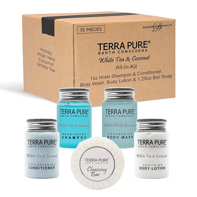 Terra Pure White Tea & Coconut Hotel Size Toiletries Set | 1-Shoppe All-In-Kit | 1 oz. Liquids and 1.25 oz. Bar Soap | Amenities For Hotels, Airbnb & Rentals | (75 pieces)-VivaGrace Women