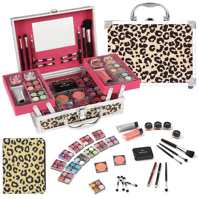 Anpro All-In-One Leopord Double Folding Makeup Carry Case with Pro Teen Makeup Set, Full Starter Kit with Makeup Brushes, Lipsticks, Eyeshadow Palette, Blushes, Glitter Gel, Ideal Present for Girls-VivaGrace Women