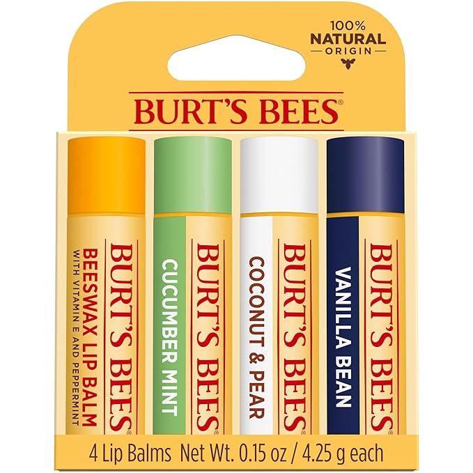 Burt's Bees Lip Balm - Beeswax, Cucumber Mint, Coconut & Pear, and Vanilla Bean Pack, With Responsibly Sourced Beeswax, Tint-Free, Natural Origin Lip Treatment, 4 Tubes, 0.15 oz.-VivaGrace Women