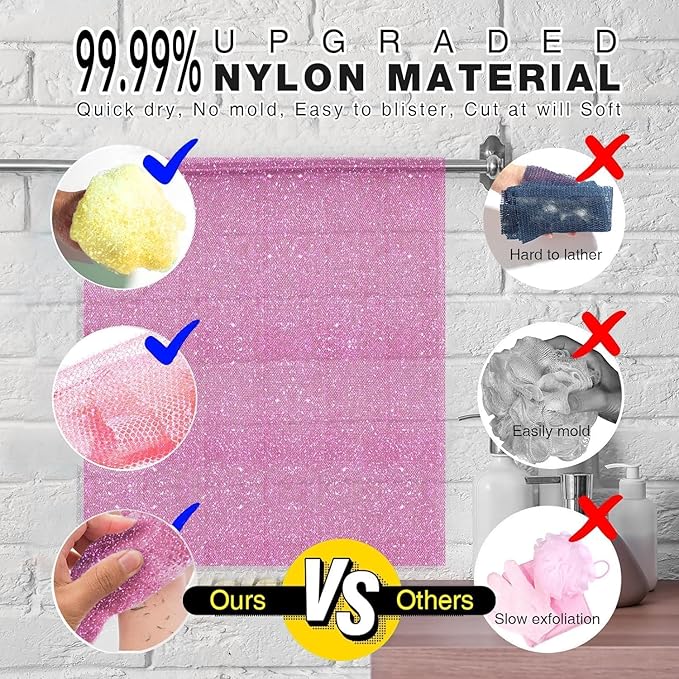 3 Piece Bright Style African exfoliating net Exfoliating Shower Set Long Bath Sponges for Smooth, Refreshed Skin, The Exterior Gleams - Ideal for Daily Use (Bright Yellow, Pink, Purple)-VivaGrace Women