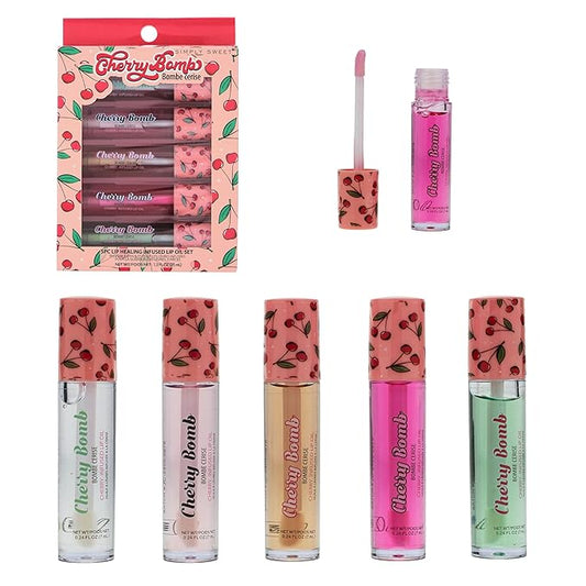 Expressions 5pc Lip Oil Set - Cherry Bomb Lip Oils, Lip Healing Cherry Infused Lip Oil Collection with Precision Applicator Wand Everyday Lip Care and Lip Repair (CHERRY BOMB)-VivaGrace Women
