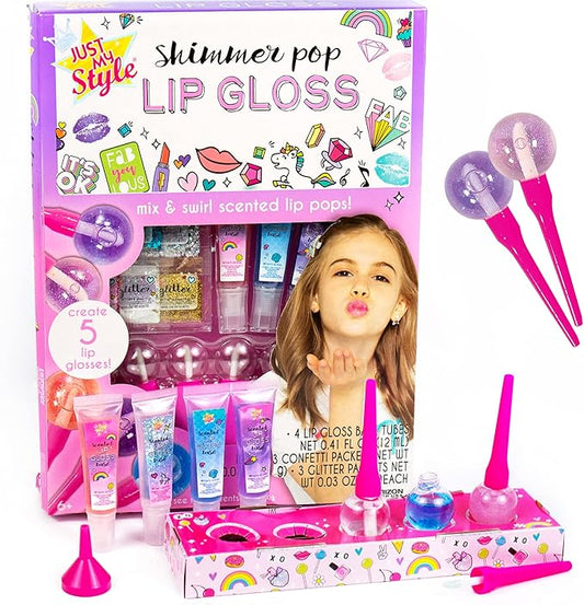 Just My Style Shimmer Pop Lip Gloss, Create 5 Lollipop-Shaped Lip Glosses, Includes Funnel, Empty Lip Gloss Containers, Sweet Lip Gloss Base, Body Glitter & More, DIY Lip Gloss, Multi (208316J)-VivaGrace Women