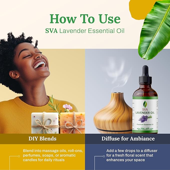 SVA Lavender Essential Oil – 4 Fl Oz – 100% Natural Lavender Oil - for Diffuser, Hair Care, Face, Skin Care, Aromatherapy, Scalp and Body Massage, Soap and Candle Making – with Dropper-VivaGrace Women