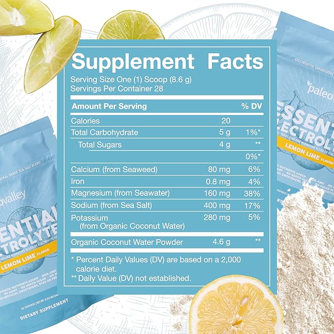 Paleovalley Essential Electrolytes Powder - Full Spectrum Lemon Lime Electrolyte Powder for Hydration, Energy and Muscle Recovery - No Sugar Added - 28 Servings-VivaGrace Women