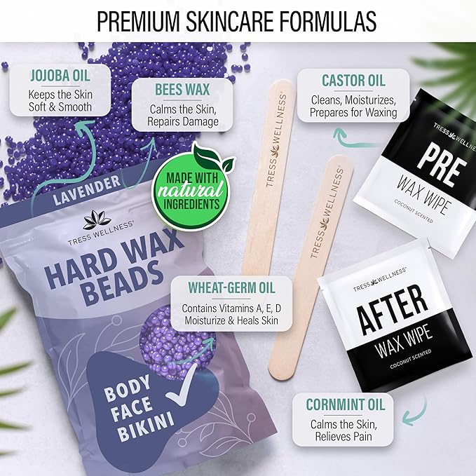 Tress Wellness Waxing Kit for Sensitive Skin – Safe for Face & Skin, Prep & Aftercare Spray, Easy to Use – At-Home Kit for Face, Bikini, Brazilian & Full Body – Black, No Display-VivaGrace Women