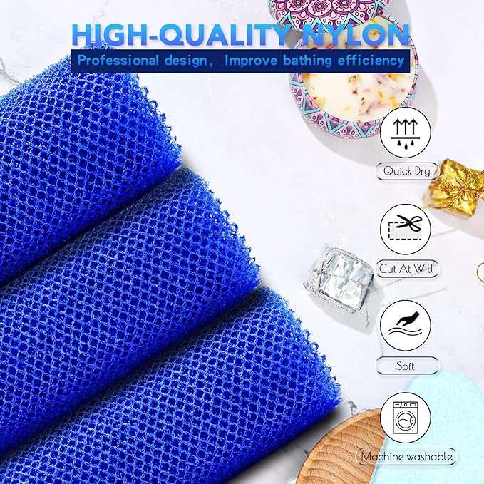 UJFQBH 3 Pieces African Bath Sponge African Net Long Net Bath Sponge Exfoliating Shower Body Scrubber Back Scrubber Skin Smoother,Great for Daily Use (Blue)-VivaGrace Women