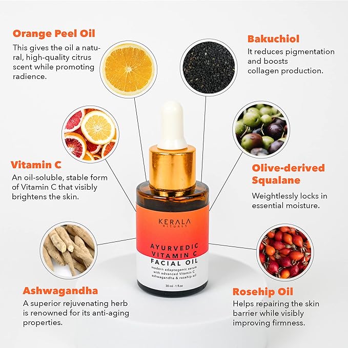 Ayurvedic Vitamin C Face Oil with Rosehip Oil, Bakuchiol, Ashwagandha, and Squalane, Hydrating, Brightening, and Repairing Serum for Dark Spots, Fine Lines, and Wrinkles, Clean Luxury Skincare-VivaGrace Women