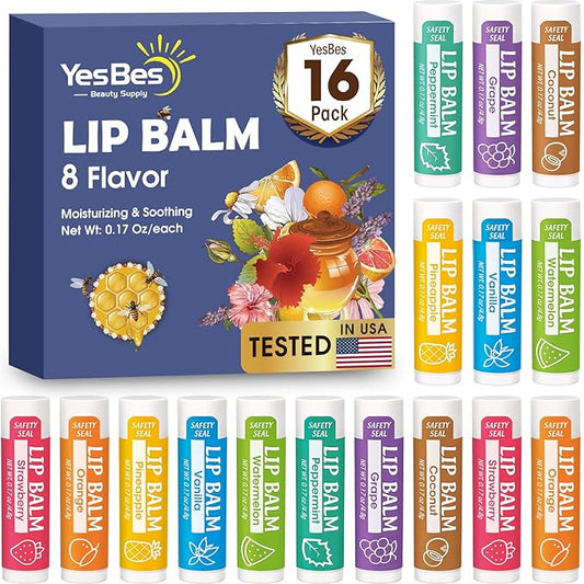 16 Pack Lip Balm, Natural Lip Balm Bulk with Vitamin E and Coconut Oil, Moisturizing Lip Balm for Dry Cracked Lips, Lip Balm for Stocking Stuffers - 8 Flavors-VivaGrace Women