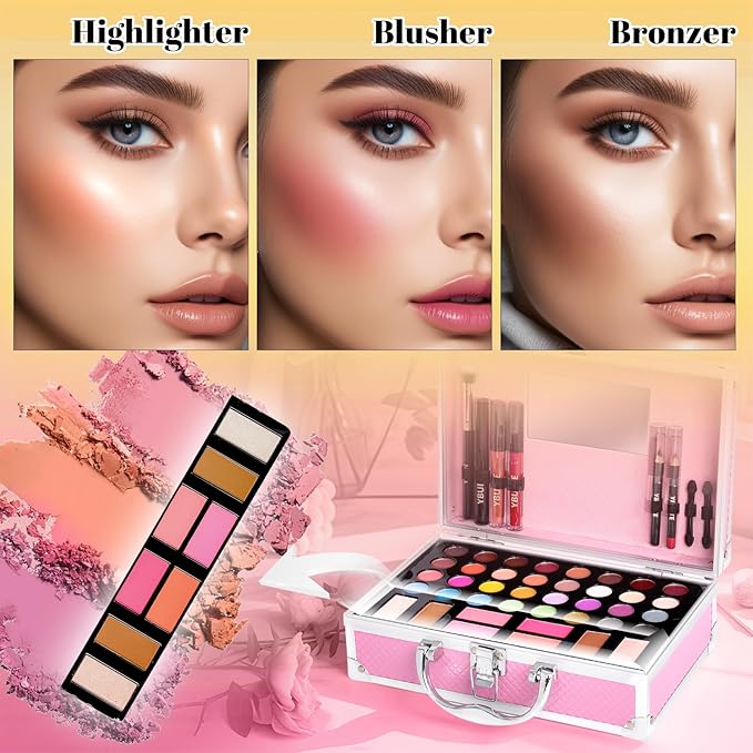 Beginner Makeup Kit for Teen,Makeup Gift Set for Girl Women,Beginner Makeup Kit with Cosmetic Train Case Included 32 Colors Eyeshadow Blusher Contour Lip Gloss Lip Liner Mascara Eyeliner Mirror-VivaGrace Women