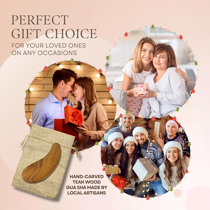 Teak Wood Gua Sha Facial Tool for Face and Body Massage, Anti-Aging Reduce Puffiness Wrinkles Shape Jawline Skincare Routine Treatment, Wooden Gua Sha Massager with Travel Pouch for Gift Set-VivaGrace Women