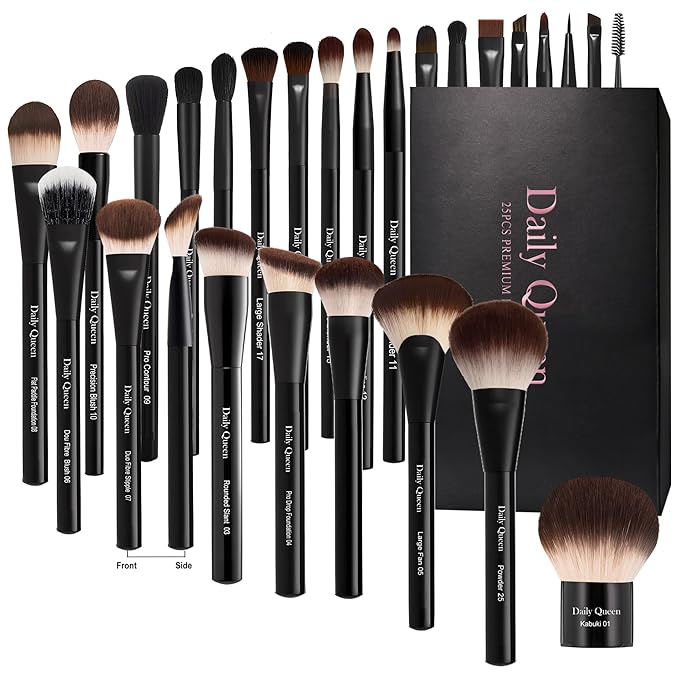 25 pcs Makeup Brush Set Holder Black Professional Kabuki Powder Concealers Eye shadows Blush Eyeliner Eyebrow Contour Eye blending Brushes (25pcs brush with box)-VivaGrace Women