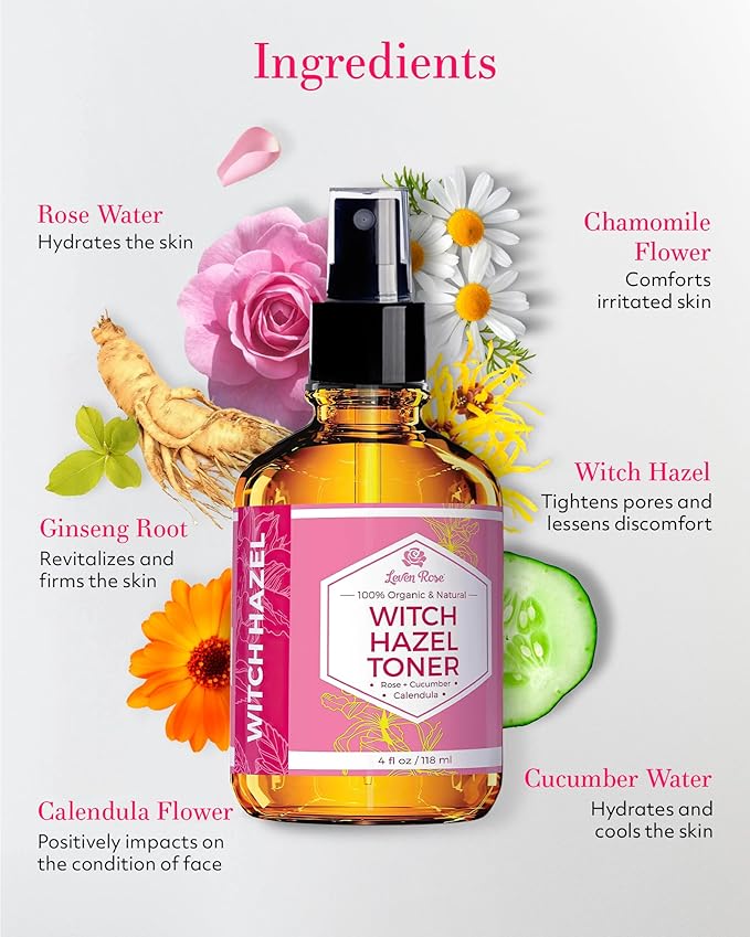 Witch Hazel Alcohol Free Toner by Leven Rose, 100% Pure Organic Facial Rose Water with Rose Petals, Calendula, Cucumber, and Chamomile Flower 4 oz-VivaGrace Women