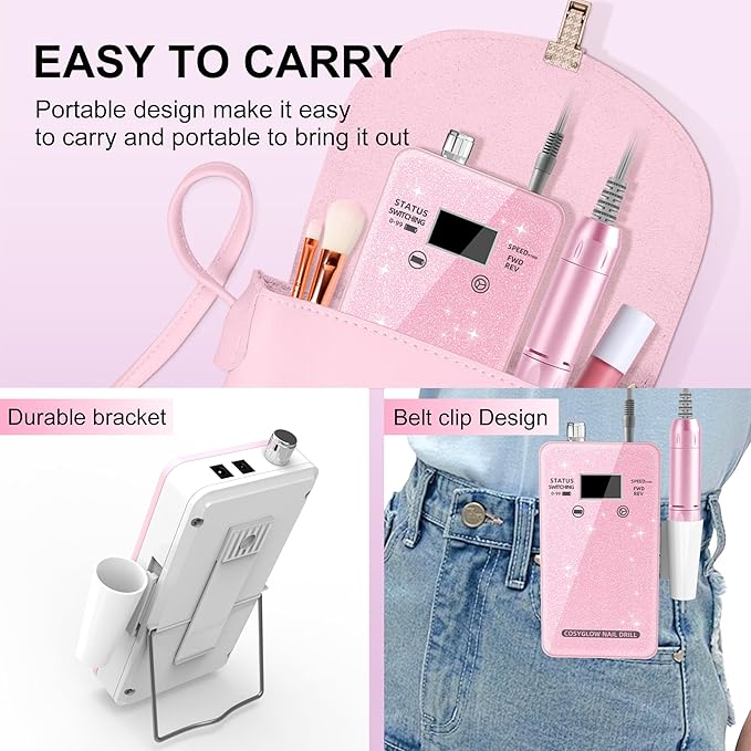 Professional Electric Nail Drill File:COSYGLOW Glitter Portable Cordless E-File Nail Drill Kit with 11 Drill Bits,30000 RPM Rechargeable Nail Drills Machine for Acrylic Nails Gel Polishing (Pink)-VivaGrace Women