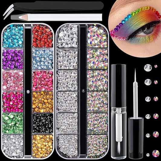 Flat Back Rhinestone Kits Colorful Rhinestones+Crystal AB&Transparent White Face Gems with Quick Dry Makeup Glue+Picker Pencil+Tweezer for Face Makeup and Nail Art-VivaGrace Women