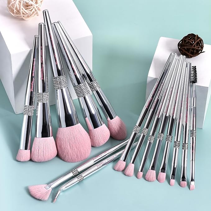 Bueart Design Elegant pink Ultra soft labeled Makeup Brushes Sets with Brush Holder makeup brush set with Foundation Powder blush blending contour Brush (15Pcs Silver Pink+Holder)-VivaGrace Women