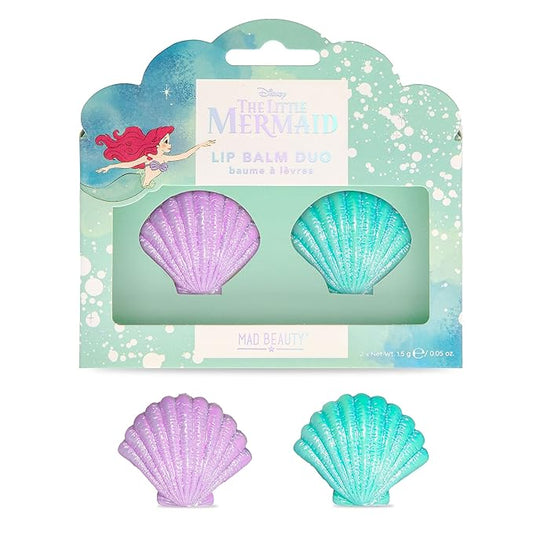 MAD BEAUTY Disney The Little Mermaid Lip Balm Duo 2-Pack, Cute Shell-Shaped Pots, Strawberry & Blueberry, Moisturize & Hydrate for Soft Fresh Lips, Great Gift, Adorable-VivaGrace Women