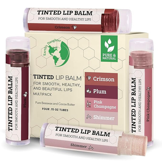 Tinted Lip Balm by Earth’s Daughter – 4 Pack of Assorted Colors – Beeswax, Coconut Oil, Cocoa Butter, Vitamin E – Moisturize and Beautify – Paraben Free-VivaGrace Women