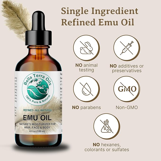 Bella Terra Oils - Emu Oil 4 oz - Genuine Pure Australian Emu, Infused with Linoleic & Oleic Acid, Perfect Companion for Lustrous Skin-VivaGrace Women