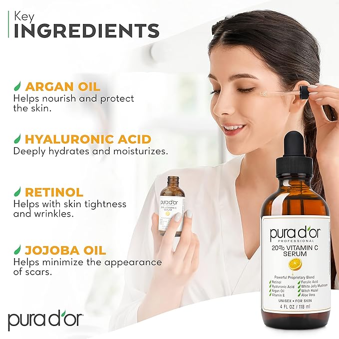 PURA D'OR 20% Vitamin C Serum 4 Oz - Lightweight Maximum Strength Formula - Retinol, Hyaluronic Acid, Ferulic Acid - Professional Grade Treatment For Face & Eyes, Wrinkles - Men & Women-VivaGrace Women