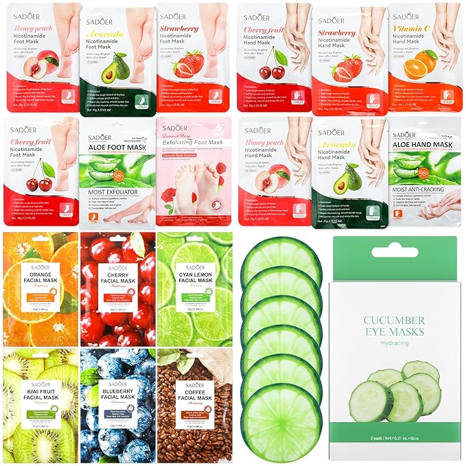 24 Pcs Fruits Beauty Facial Hand Foot Mask Cooling Eye Pads Set Spa Party Night Kit Beauty Skincare Hydrating Skin Cooling Eye Masks for Puffy Eyes Spa Stocking Stuffers Night Summer Party-VivaGrace Women