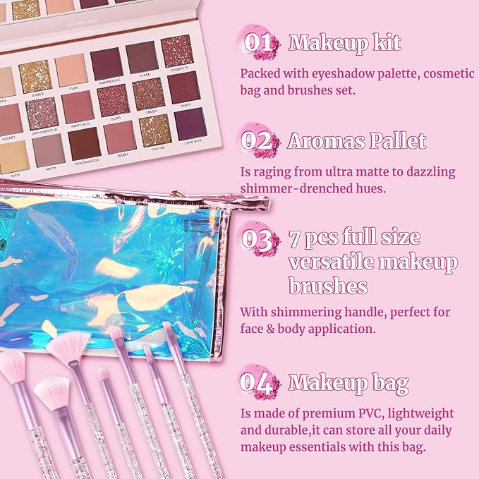 UCANBE Makeup Kit for Women & Teens,18 Colors Nude Eyeshadow +7pcs Soft Makeup Brushes + Pink Cosmetic Bag Makeup Sets, Shimmer Matte Glitter Makeup Palettes Set for Girls Beginners & Professional-VivaGrace Women