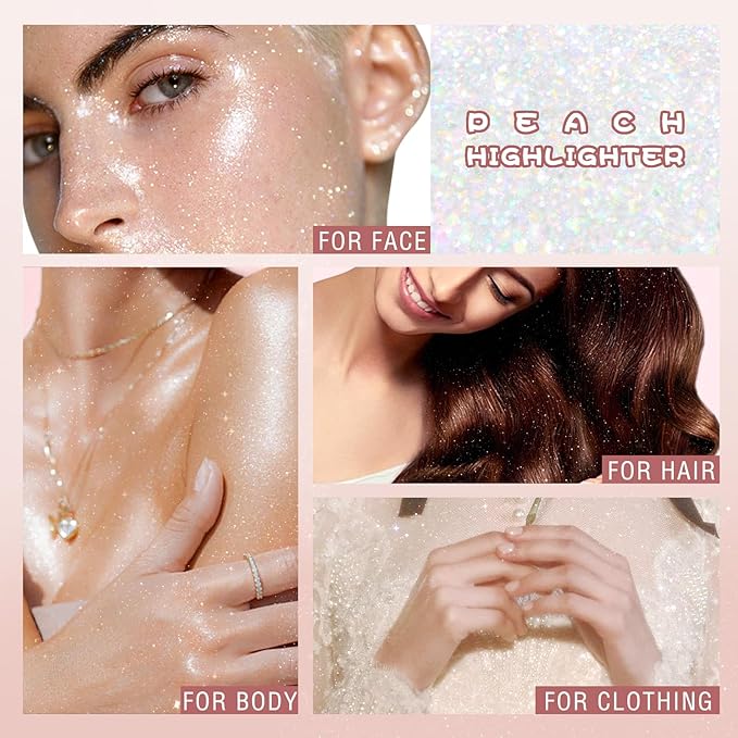 Highlighter Makeup Powder Plush Peach Ball Puff Glitter Shimmer Sparkle Loose Patting Powder for Body Face Hair Multi-Use High Gloss Shine Bright Illuminator Makeup Glossy Diamond Glow-VivaGrace Women