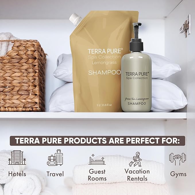 Terra Pure Spa Collection 1 Liter Shampoo Refill Bag For Soap Dispensers | Bulk Toiletries for Vacation Rentals, and Home Bathroom Showers | Green Tea Lemongrass | Single-VivaGrace Women