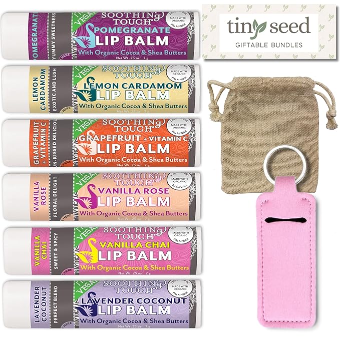 Vegan Lip Balm Set - Pack of 6 Soothing Touch Lip Balms. Includes Muslin Pouch & Lip Balm Holder Keychain (Pink): Pomegranate, Lemon Cardamom, Grapefruit, Vanilla Rose, Vanilla Chai, Lavender Coconut-VivaGrace Women