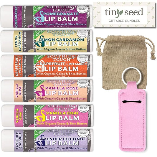 Vegan Lip Balm Set - Pack of 6 Soothing Touch Lip Balms. Includes Muslin Pouch & Lip Balm Holder Keychain (Pink): Pomegranate, Lemon Cardamom, Grapefruit, Vanilla Rose, Vanilla Chai, Lavender Coconut-VivaGrace Women