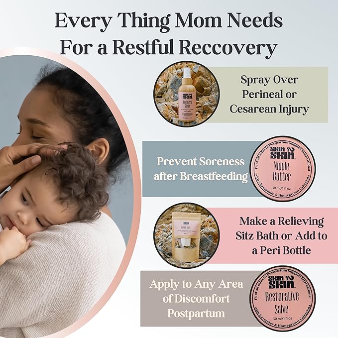 Skin to Skin Postpartum Kit-4 Piece Set in Cosmetic Bag - Postpartum Recovery - Includes: Herbal Bath, Recovery Spray, Restorative Salve, and Nipple Butter - Postpartum Care Kit - After Birth Care Kit-VivaGrace Women