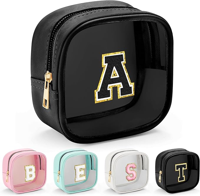 YOOLIFE Initial Mini Makeup Bag | Make Up Bag Travel Toiletry Bag | Clear Makeup Bag | Preppy Cosmetic Bags Organizer Travel Essentials Gifts for Women Teen Girlfriend Teacher Birthday Gifts Black A-VivaGrace Women