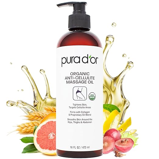 PURA D'OR 16 Oz Organic Anti-Cellulite Massage Oil - Lemon Peel, Moringa, Grape Seed, Grapefruit & Eucalyptus Oils - Skin Firming & Tightening for Active Individuals & Aging Adults-VivaGrace Women