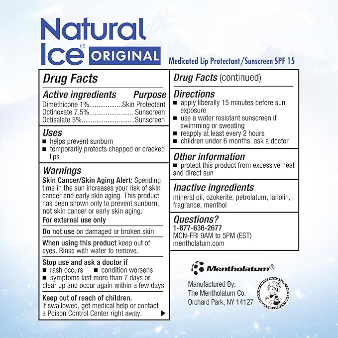 Mentholatum Natural Ice Lip Balm Original SPF 15 1 Each ( Packs of 48), 0.16 Ounce (Pack of 48)-VivaGrace Women