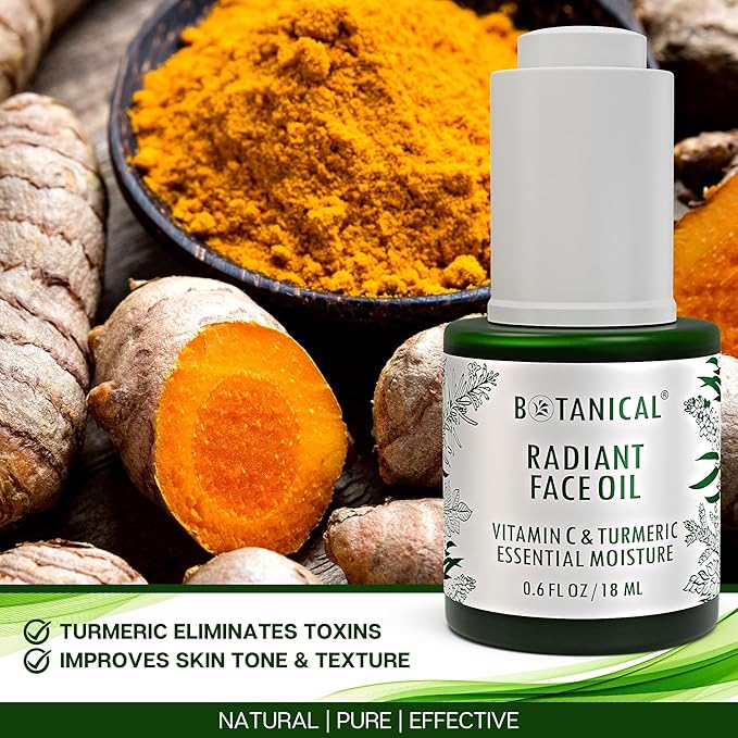 Botanical Radiant Face Oil | Skin Brightening Turmeric & Vitamin C Serum w/Gua Sha Lift Scraper | Organic, Pure, Natural Skincare (0.6 fl oz | 18 ml)-VivaGrace Women
