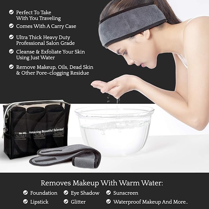 Makeup Remover Cloth Towel Set, 𝟯 𝗣𝗮𝗰𝗸 𝗮𝗹𝘀𝗼 𝗶𝗻𝗰𝗹𝘂𝗱𝗲𝘀 𝗦𝗽𝗮 𝗛𝗲𝗮𝗱𝗯𝗮𝗻𝗱 𝗮𝗻𝗱 𝗖𝗼𝘀𝗺𝗲𝘁𝗶𝗰 𝗕𝗮𝗴, by YouAreUs. Microfiber Cloth, Leaving Skin Feeling Cleaner!