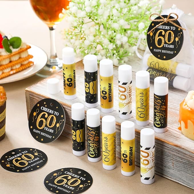 50 Sets 60th Birthday Favors Lip Balm Gifts Bulk Moisturizing Lip Balm with 50 Organza Drawstring Gift Bag 50 Tags 60th Birthday Party Supplies Gifts Bulk for Men and Woman-VivaGrace Women