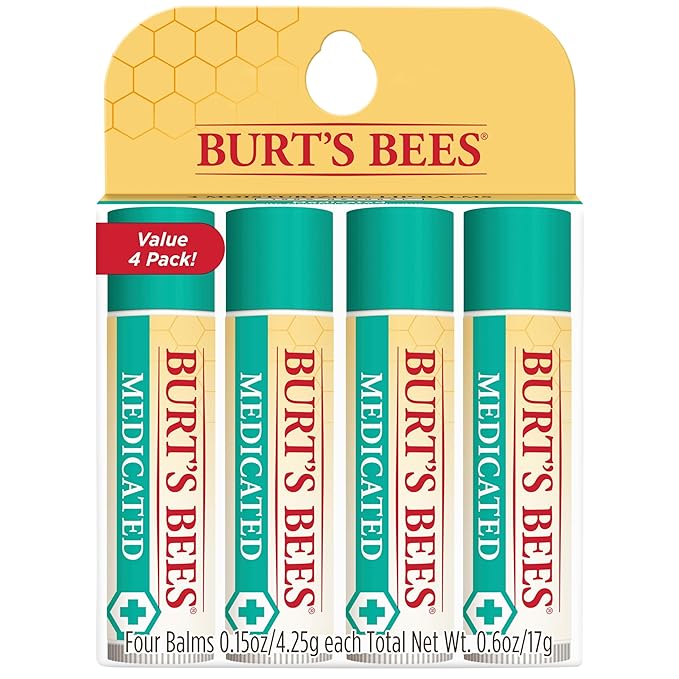 Burt's Bees Medicated Lip Balm, With Eucalyptus Oil and Menthol, Tint-Free, Natural Origin Lip Care, 4 Tubes, 0.15 oz.-VivaGrace Women