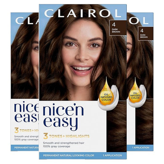 Clairol Nice'n Easy Permanent Hair Dye, 4 Dark Brown Hair Color, Pack of 3-VivaGrace Women