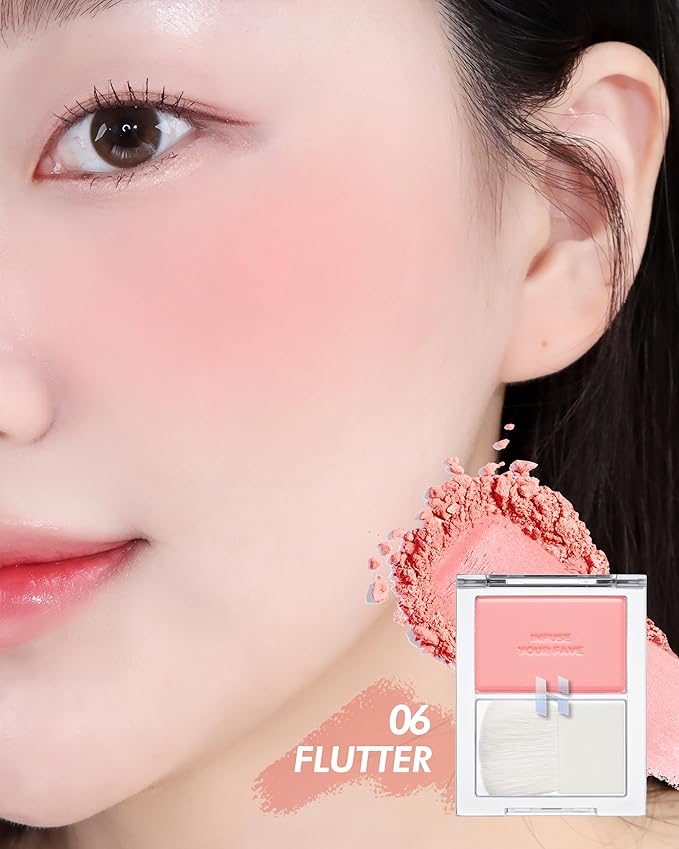 HOLIKA HOLIKA Infusing Blush with Brush - Lightweight, Smooth, Blendable Cheek Blusher, Sebum-Control, Natural Pore Coverage, Built-In Brush, Long-Lasting Pigment for Romantic Mood (06 FLUTTER)-VivaGrace Women