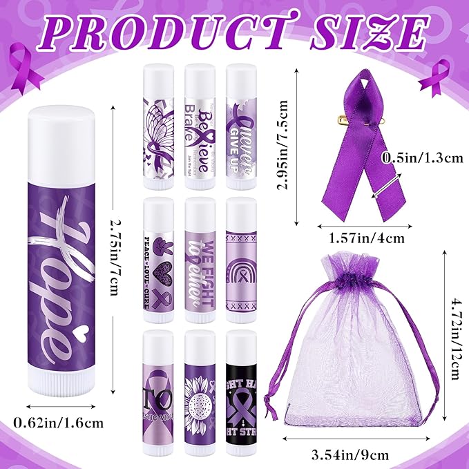 50 Set Overdose Awareness Lip Balms Gifts with 50 Organza Bags 50 Purple Awareness Ribbon Pins Raise Awareness for Domestic Violence Pancreatic Cancer Lupus Alzheimer's Awareness-VivaGrace Women
